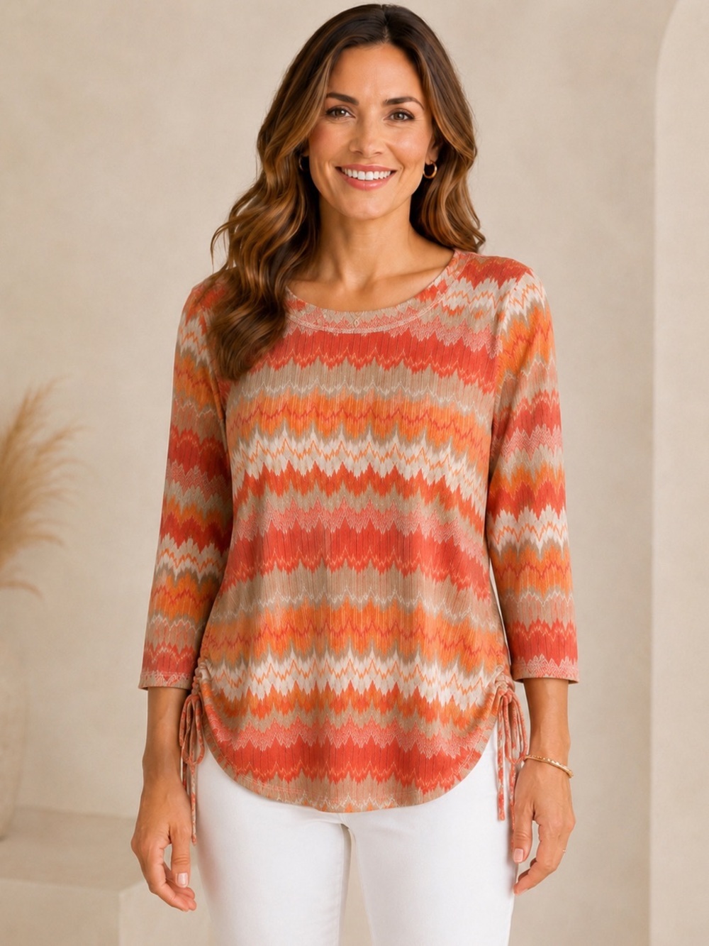 Alfred Dunner Chevron Tie-Side Long Sleeve Top in Rust Multi